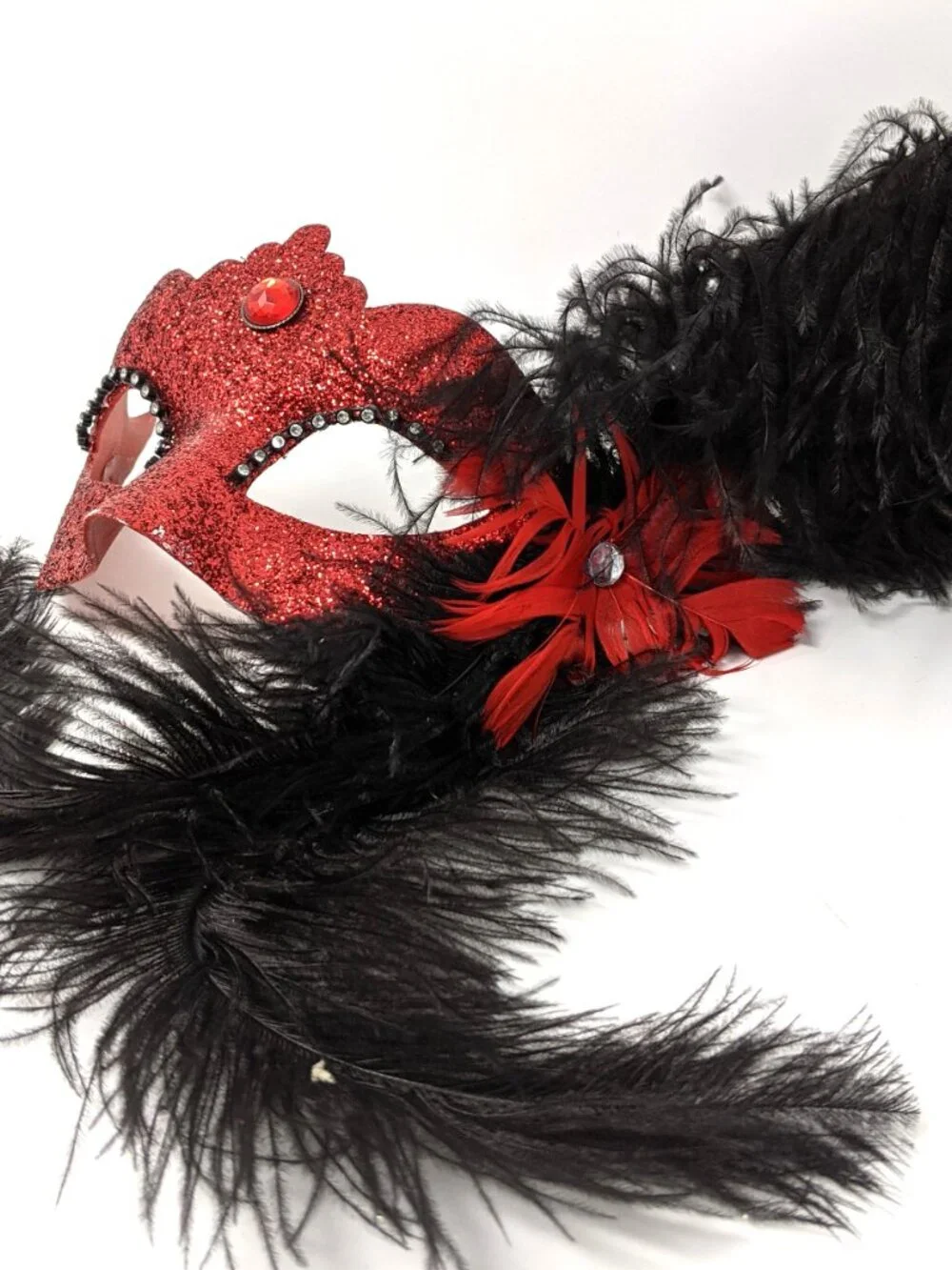 Masquerade Face Mask Red Glitter Venezia Italy black feathers Costume Ball
